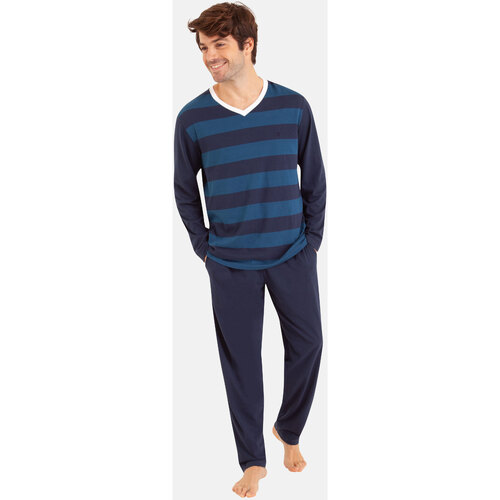 Vêtements Homme Pyjamas / Chemises de nuit Eminence Pyjama long col V homme Fait en France Bleu