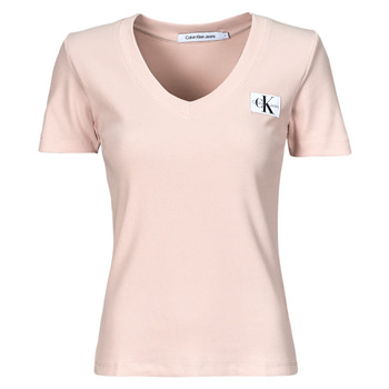 Vêtements Femme T-shirts manches courtes Calvin Klein Jeans WOVEN LABEL RIB V-NECK TEE Beige