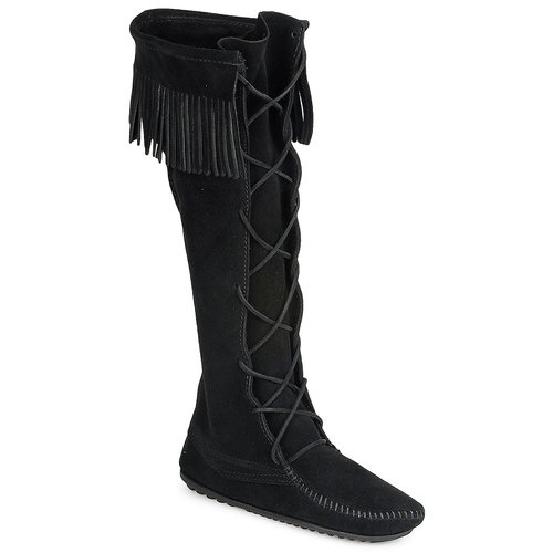 Boty Ženy Kozačky Minnetonka FRONT LACE HARDSOLE KNEE HI BOOT Černá