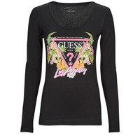 Textil Ženy Trička s dlouhými rukávy Guess LS SN TRIANGLE FLOWERS TEE Černá