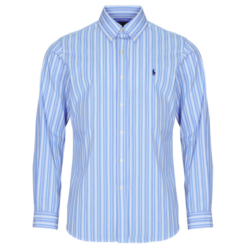 textil Herre Skjorter m. lange ærmer Polo Ralph Lauren CHEMISE COUPE DROITE EN POPLINE DE COTON COL BOUTONNE Blå / Hvid / Blå / Flerfarvet