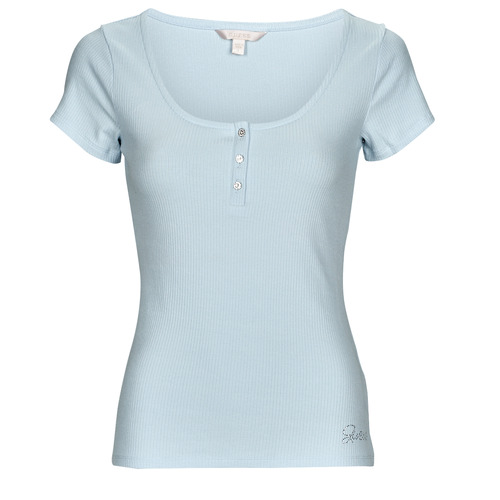 textil Mujer Camisetas manga corta Guess SS KARLEE JEWEL BTN HENLEY Azul / Celeste