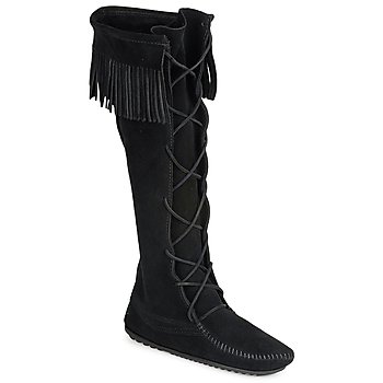 Shoes Women Boots Minnetonka FRONT LACE HARDSOLE KNEE HI BOOT Black