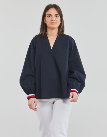 vaatteet Naiset Topit / Puserot Tommy Hilfiger ORG CO V-NK CUFF STP BLOUSE LS Laivastonsininen