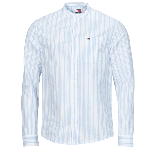 Abbigliamento Uomo Camicie maniche lunghe Tommy Jeans TJM MAO STRIPE LINEN BLEND SHIRT Bianco / Blu