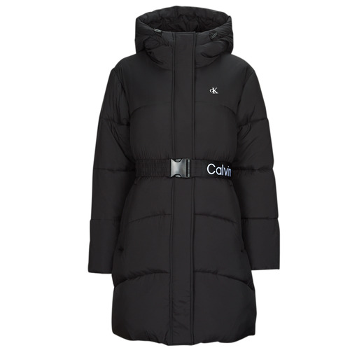 Clothing Women Duffel coats Calvin Klein Jeans LOGO BELT LONG PUFFER Black