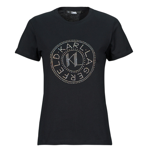 Clothing Women short-sleeved t-shirts Karl Lagerfeld rhinestone logo t-shirt Black