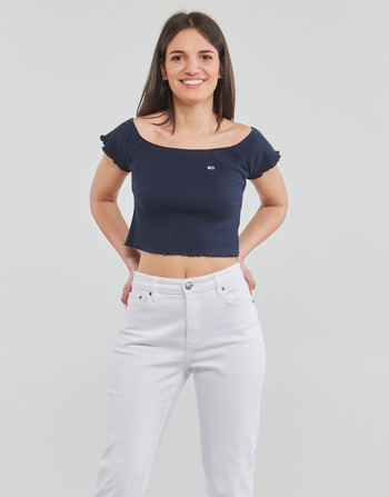 Textiel Dames Tops / Blousjes Tommy Jeans TJW CROP RIB OFF SHOULDER TOP Marine