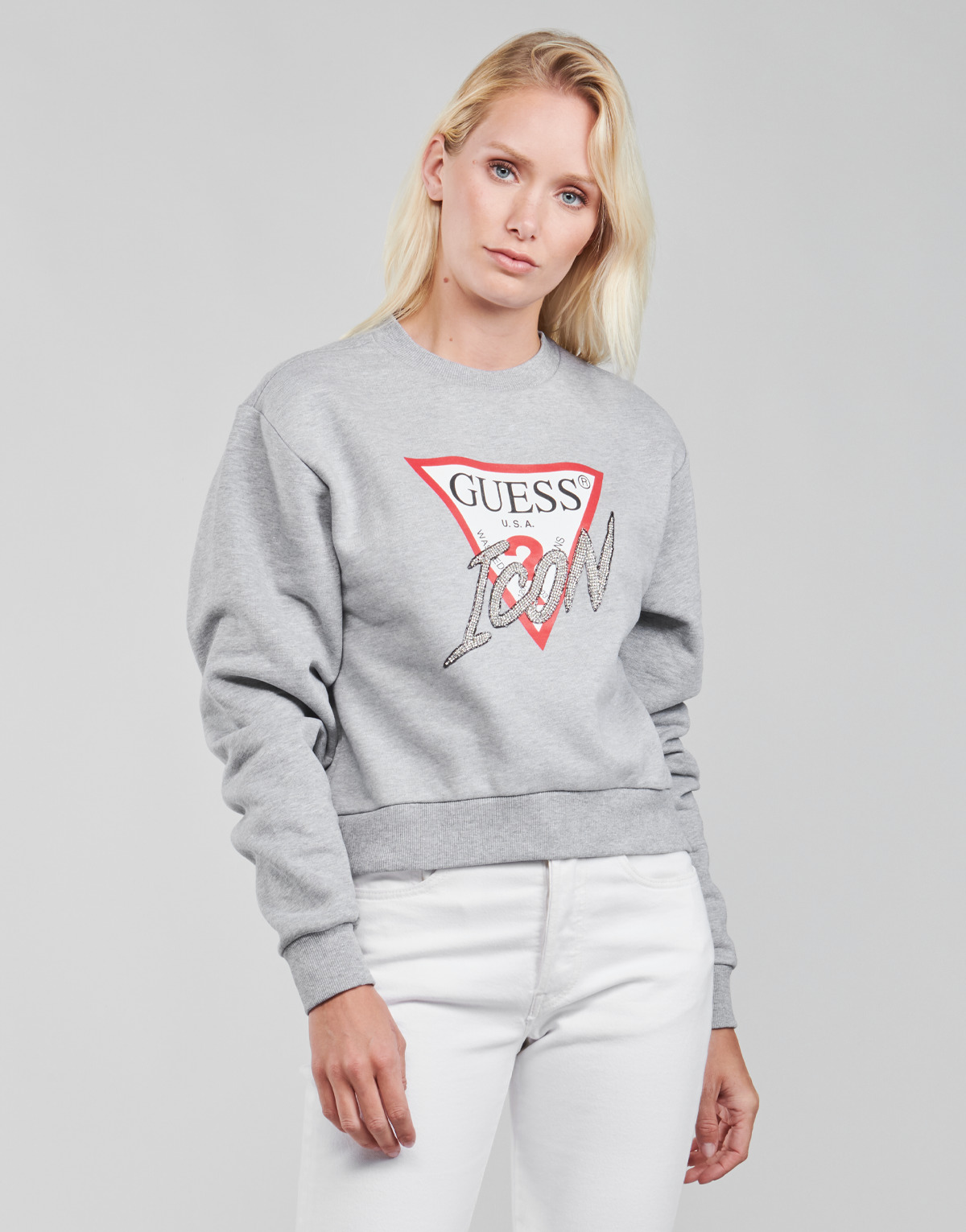 tekstylia Damskie Bluzy Guess ICON FLEECE Szary