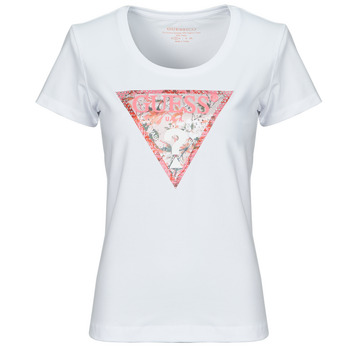 tekstylia Damskie T-shirty z krótkim rękawem Guess RN SATIN TRIANGLE Biały