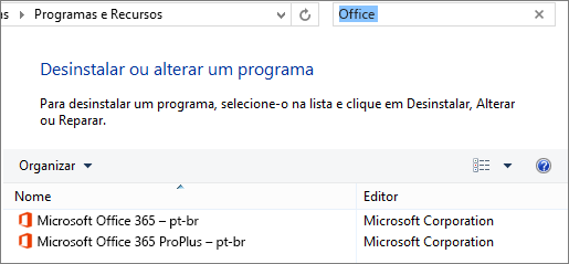 Mostra as duas cópias do Office instaladas no Painel de controle