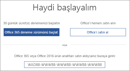 Bu cihazda Office 365 deneme sürümünün bulunduğunu belirten "Başlayalım" ekranını gösterir