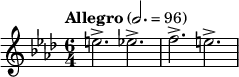  \relative c'' { \clef treble \key f \minor \time 6/4 \tempo "Allegro" 2. = 96 e2.-> ees-> | f-> e-> } 