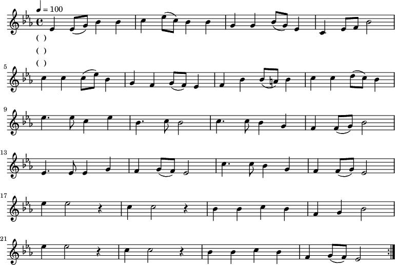 \transpose c ees \relative c' { \key c \major \time 4/4 \tempo 4 = 100 \repeat volta 3 { c4 c8( e) g4 g | a4 c8( a) g4 g | e4 e g8( e) c4 | a4 c8 d g2 | \break a4 a a8( c) g4 | e4 d e8( d) c4 | d4 g g8( fis) g4 | a4 a b8( a) g4 | \break c4. c8 a4 c | g4. a8 g2 | a4. a8 g4 e | d4 d8( e) g2 | \break c,4. c8 c4 e | d4 e8( d) c2 | a'4. a8 g4 e | d4 d8( e) c2 | \break c'4 c2 r4 | a4 a2 r4 | g4 g a g | d4 e g2 | \break c4 c2 r4 | a4 a2 r4 | g4 g a g | d e8( d) c2 | } } \addlyrics { \set stanza = "(一)" 西 山 苍 苍， 东 海 茫 茫， 吾 校 庄 严， 岿 然 中 央， 东 西 文 化， 荟 萃 一 堂， 大 同 爰 跻， 祖 国 以 光。 莘 莘 学 子 来 远 方， 莘 莘 学 子 来 远 方， 春 风 化 雨 乐 未 央， 行 健 不 息 须 自 强。 自 强， 自 强， 行 健 不 息 须 自 强！ 自 强， 自 强， 行 健 不 息 须 自 强！ } \addlyrics { \set stanza = "(二)" 左 图 右 史， 邺 架 巍 巍， 致 知 穷 理， 学 古 探 微， 新 旧 合 冶， 殊 途 同 归， 肴 核 仁 义， 闻 道 日 肥。 服 膺 守 善 心 无 违， 服 膺 守 善 心 无 违， 海 能 卑 下 众 水 归， 学 问 笃 实 生 光 辉。 光 辉， 光 辉， 学 问 笃 实 生 光 辉！ 光 辉， 光 辉， 学 问 笃 实 生 光 辉！ } \addlyrics { \set stanza = "(三)" 器 识 为 先， 文 艺 其 从； 立 德 立 言， 无 问 西 东。 孰 绍 介 是， 吾 校 之 功， 同 仁 一 视， 泱 泱 大 风。 水 木 清 华 众 秀 钟， 水 木 清 华 众 秀 钟， 万 悃 如 一 矢 以 忠， 赫 赫 吾 校 名 无 穷。 无 穷， 无 穷， 赫 赫 吾 校 名 无 穷！ 无 穷， 无 穷， 赫 赫 吾 校 名 无 穷！ }