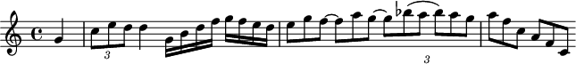 
\header {
  tagline = ##f
}

\score {
  \new Staff \with {

  }
<<
  \relative c'' {
    \key c \major
    \time 4/4
    \override TupletBracket #'bracket-visibility = ##f 
    %\autoBeamOff

     %%%%%%% K15n
     \partial 4 g4 \times 2/3 { c8 e d } d4 g,16 b d f g f e d \times 2/3 { e8 g f~ f a g~ g bes( a bes) a g a f c a f c }
     
  }
>>
  \layout {
    \context {
      \remove "Metronome_mark_engraver"
    }
  }
  \midi {}
}
