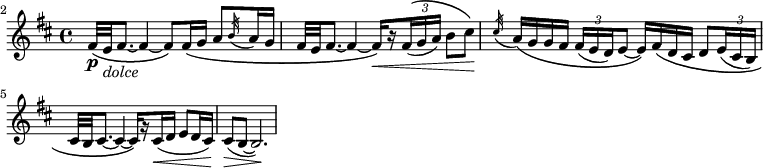 
\header { tagline = "" }
foo = \relative c' \new Staff {
  \key b \minor \time 4/4 \clef "treble"
  \set Staff.midiInstrument = "english horn"
  \set Score.tempoHideNote = ##t \tempo 4 = 44
  \set Score.currentBarNumber = #2 \bar ""
  \override TupletBracket #'stencil = ##f
  \override Score.SpacingSpanner #'common-shortest-duration = #(ly:make-moment 1 2)
  fis32\(\p e_\markup { \italic dolce } fis8. ~ fis4 ~ fis8\) fis16\( g a8 \acciaccatura { b32 } a16 g |
  fis32 e fis8. ~ fis4 ~ fis16[\)\< \set stemLeftBeamCount = #1 \set stemRightBeamCount = #1 r \set stemLeftBeamCount = #1 \times 2/3 { fis16(\( g a]) } b8 cis\) |
  \acciaccatura { cis32\! } a16\( g g fis \times 2/3 { fis( e d) } e8 ~ e16\) fis\( d cis d8 \times 2/3 { e16( cis b) } | \break
  cis32 b cis8. ~ cis4 ~ cis16[\) \set stemLeftBeamCount = #1 \set stemRightBeamCount = #1 r \set stemLeftBeamCount = #1 cis(\< d] e8 d16 cis) |
  cis8(\> b ~ b2.)\!
}
\score {
  \foo
  \layout {
    indent = 0\cm
    ragged-last = ##t
  }
}
\score {
  \foo
  \midi { }
}
