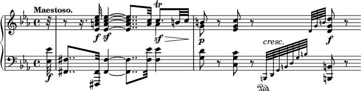 
 \relative c' {
  \new PianoStaff <<
   \new Staff { \key c \minor \time 4/4 \tempo "Maestoso." \partial 32
    <<
     {
      \override DynamicLineSpanner #'staff-padding = #1.8
      \override DynamicLineSpanner #'Y-extent = #'(-1.0 . 1.0)
      \override TextScript #'Y-extent = #'(-1.5 . 1.5)
       b'32\rest b8\rest b16.\rest <es c a es>32\f <es~ c~ a~ es~>4\sf <es c a es>8.. <c a>32 c8.^\trill\sf\> b32 c\!
       b8\p b\rest <c g es> b\rest \grace { d,64[ g b!] } <d g, d>8\f b\rest
     }
     \\
      { s32 s2. a4 g8 }
     >>
    }
   \new Staff { \key c \minor \time 4/4 \clef bass
    <es es,>32\f <fis, fis,>8.. <fis, fis,>32 <fis'~ fis,~>4 <fis fis,>8.. <es' fis,>32 <es fis,>4
    <d g,>8 r <c g c,> r \grace { b,,64\sustainOn ^\cresc [ d\! g b d g b] s32. } <b,! b,!>8 r
   }
  >>
 }
