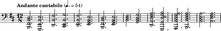 
  \relative c { \clef bass \time 12/8 \key d \major \tempo "Andante cantabile" 4. = 54 < d b fis b, >2. <e b e, g,> | <fis b, d,> <g b, e, cis> | <fis b, fis d> <e b g e> | <d b fis b,> <e b g e> | < fis d b > < g d b g> | < a fis d a d,> < b g e d g, g,> | < a g e cis a a,> <a fis d b b,> | < a e a, cis> <a fis a, d> }
