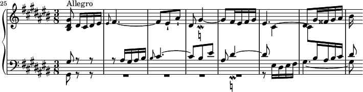 
\version "2.18.2"
\header {
  tagline = ##f
}

Mordaesq = { \tag #'print { gis4~_\mordent_\markup { \natural } } \tag #'midi { gis32 fis gis16~ gis8~ }  }
Mordeesq = { \tag #'print { dis4~_\mordent_\markup { \natural } } \tag #'midi { dis32 cis dis16~ dis8~ }  }

upper = \relative c'' {
  \clef treble 
  \key cis \major
  \time 3/8
  \tempo 8 = 152
  \set Staff.midiInstrument = #"harpsichord" 
  %\context Score \applyContext #(set-bar-number-visibility 2)
  \set Score.currentBarNumber = #25
  \bar ""
   %% PRÉLUDE CBT II-3, BWV 872, ut-dièse majeur
   \bar "||"
   < gis dis bis >8^\markup{Allegro} dis16[ cis dis \tempo 8 = 120 eis] \tempo 8 = 40 \grace eis8 \tempo 8 = 152 fis4.~ fis8 eis-! ais-! dis,8 \Mordaesq gis8 fis16 eis fis gis eis4. dis8 gis16 fisis gis ais bis
}

lower = \relative c {
  \clef bass 
  \key cis \major
  \time 3/8
  \set Staff.midiInstrument = #"harpsichord" 
    
   << { gis'8 r8 r8 | r8 ais16 gis ais \tempo 8 = 120 bis \tempo 8 = 40 \grace bis8 \tempo 8 = 152 cis4.~ cis8 bis eis ais, \Mordeesq dis8 \stemDown \change Staff = "upper" cis4~ cis8 \change Staff = "lower" \stemUp bis16 ais bis cis dis8 } \\ { gis,,8 r8 r8 R4.*4 r8 eis'16 dis eis fis gis4.~ gis8 } >>
    
}

 thePianoStaff = \new PianoStaff <<
    \set PianoStaff.instrumentName = #""
    \new Staff = "upper" \upper
    \new Staff = "lower" \lower
  >>

\score {
  \keepWithTag #'print \thePianoStaff
  \layout {
    \context {
      \Score
      \remove "Metronome_mark_engraver"
    }
  }
}

\score {
  \keepWithTag #'midi \thePianoStaff
  \midi { }
}
