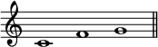 
\relative c' {
\cadenzaOn \omit Staff.TimeSignature
\tempo 1 = 90 \set Score.tempoHideNote = ##t
c1 f g \bar "||"
}
