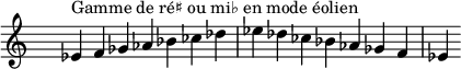 
\relative c' { 
  \clef treble \time 7/4 \hide Staff.TimeSignature ees4^\markup { Gamme de ré♯ ou mi♭ en mode éolien } f ges aes bes ces des ees des ces bes aes ges f ees
}
