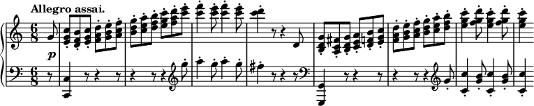 
 \relative c' {
  \new PianoStaff <<
   \new Staff { \key c \major \time 6/8 \tempo "Allegro assai." \partial 8
    g'8 <c g e>-. <b f d>-. <c g e>-. <d a f>-. <e b g>-. <f c a>-.
    <g d b>-. <a e c>-. <b f d>-. <c g e>-. <d a f>-. <e c>-.
    <f c>4-. <e c>8-. <f c>4-. <e c>8-. <d c>4-. r8 r4 d,,8
    <g d b>-. <fis c a>-. <g d b>-. <a e c>-. <b f d>-. <c g e>-.
    <d a f>-. <e b g>-. <f c a>-. <g d b>-. <a e c>-. <b f d>-.
    <c g e>4-. <d g, f>8-. <c g e>4-. <d g, f>8-. <c g e>4-.
   }
   \new Dynamics {
    s8\p
   }
   \new Staff { \key c \major \time 6/8 \clef bass
    r8 <c,,, c,>4 r8 r4 r8 r4 r8 r4 \clef treble g'''8-. a4-. g8-. a4-. g8-. fis4-. r8 r4 r8 \clef bass
    <g,,, g,>4 r8 r4 r8 r4 r8 r4 \clef treble g''8-. <c c,>4-. <b g>8-. <c c,>4-. <b g>8-. <c c,>4-.
   }
  >>
 }
