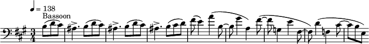 
  \relative c' { \clef bass \time 3/4 \key a \major \tempo 4 = 138 \partial 8*3 b8(^"Bassoon" d cis) | ais4.-> b8( d cis) | ais4.-> b8( d cis) | ais4.-> b8( cis d) | fis( e4) a4( b,8~ | b gis'4 a,) fis'8~( | fis g,4 e' fis,8~ | fis) d'4( f, cis'8~ cis[ b e,)] }
