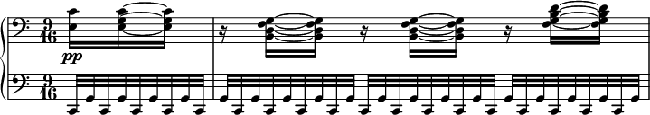 
 \relative c' {
  \new PianoStaff <<
   \new Staff { \key c \major \time 9/16 \partial 8. \clef bass
    <c e,>16\pp <c~ g~ e~> <c g e> r <g~ f~ d~ b~> <g f d b> r <g~ f~ d~ b~> <g f d b> r <d'~ b~ g~ f~> <d b g f>
   }
    \new Staff { \key c \major \time 9/16 \clef bass
     c,,32*2/3[ g' c, g' c, g' c, g' c,] g'[ c, g' c, g' c, g' c, g'] c,[ g' c, g' c, g' c, g' c,] g'[ c, g' c, g' c, g' c, g']
   }
  >>
 }
