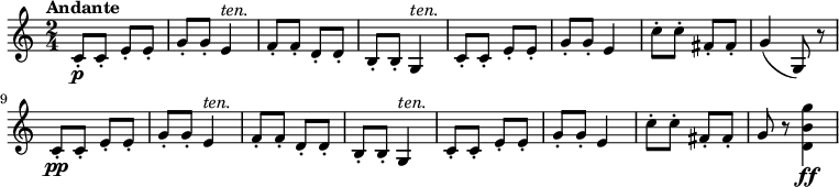 
\relative c' {
    \version "2.18.2"
     \key c \major
     \time 2/4
     \tempo "Andante"
     \tempo 4 = 70
  \set Staff.midiMinimumVolume = #0.2 \set Staff.midiMaximumVolume = #0.5
  c8-.\p  c-. e-. e-. g-. g-. e4 ^ \markup{\italic {ten.}}
  f8-. f-. d-. d-. b-. b-. g4 ^\markup{\italic {ten.}}
  c8-. c-. e-. e-. g-. g-. e4
  c'8-. c-. fis,-. fis-.
  g4 (g,8) r
  \set Staff.midiMinimumVolume = #0.1 \set Staff.midiMaximumVolume = #0.4
  c8-.\pp  c-. e-. e-. g-. g-. e4 ^ \markup{\italic {ten.}}
  f8-. f-. d-. d-. b-. b-. g4 ^\markup{\italic {ten.}}
  c8-. c-. e-. e-. g-. g-. e4
  c'8-. c-. fis,-. fis-.
  g r 
  \set Staff.midiMinimumVolume = #0.6 \set Staff.midiMaximumVolume = #1
  <d b' g'>4 \ff
}
