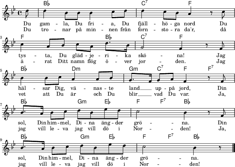 
<<
\chords { s8 | bes1  | c2:7 f |
  f2. bes4| c2:7 f|
  bes d:m|g4:m c:7 f f:7|
  bes2 g4:m es | f4 f4:7 bes2 |
  bes2 g4:m es | f4 f4:7 bes4. 
  }
\relative c'' {
  \key bes \major
  \partial 8 d8 | d4 bes8 bes8 bes4 c8 d8 | d4 c8 bes8 a4 r8 c8 | \break
  c4 a8 bes8 c8 a8 d8. bes16 | g2 f4 r8 f8 | \break
  bes4 bes8 c8 a4 a8 bes8 | g8. f16 g8 a8 f4 r8 f8 | \break
  bes8. a16 bes8 c8 d8 bes8 es8 d8 | c2 bes4 r8 f8 | \break
  bes8. a16 bes8 c8 d8 bes8 es8 d8 | c2 bes4 r8 \bar "|."  
}
\addlyrics {
  Du gam -- la, Du fri -- a, Du fjäll -- hö -- ga nord
  Du tys -- ta, Du gläd -- je -- ri -- ka skö -- na!
  Jag häl -- sar Dig, vä -- nas -- te land __ _ up -- på jord,
  Din sol, Din him -- mel, Di -- na äng -- der grö -- na.
  Din sol, Din him -- mel, Di -- na äng -- der grö -- na.
}
\addlyrics {
  Du tro -- nar på min -- nen från forn -- sto -- ra da'r,
  då ä -- rat Ditt namn flög ö -- ver jor -- den.
  Jag vet att Du är och Du blir __ _ vad Du var.
  Ja, jag vill le -- va jag vill dö i Nor -- den!
  Ja, jag vill le -- va jag vill dö i Nor -- den!
}
>>
