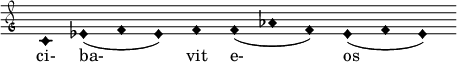  { \clef "petrucci-g" \override Staff.TimeSignature #'stencil = ##f \set Score.timing = ##f \override Voice.NoteHead #'style = #'harmonic-black c'1 es'1 (f'1 es'1) f'1 f'1 (aes'1 f'1)) es'1 (f'1 es'1) } \addlyrics { ci- ba- vit e- os} 