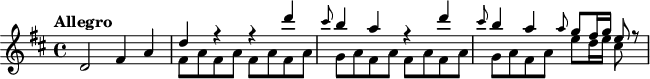 
\header {
  tagline = ##f
}

\score {
  \new Staff \with {

  }
<<
  \relative c' {
    \key d \major
    \time 4/4
    \override TupletBracket #'bracket-visibility = ##f 
    \autoBeamOff

     %%%%%%%%%%% K 81/73l
     \tempo "Allegro"   d2 fis4 a |
  << { d4 r r d' | } \\ { \repeat unfold 2 { fis,,8[ a fis a] } } >>
  << { \grace cis'8 b4 a r d | } \\ { g,,8[ a fis a] fis8[ a fis a] } >>
  << { \grace cis'8 b4 a \grace a8 g[ fis16 g] e8 r8 | } \\ { g,8[ a fis a] e'8[ d16 e] cis8 s8 } >>

  }
>>
  \layout {
    \context {
      \remove "Metronome_mark_engraver"
    }
  }
  \midi {}
}
