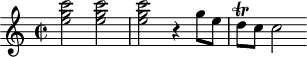 
\header {
  tagline = ##f
}

\score {
  \new Staff \with {

  }
<<
  \relative c'' {
    \key c \major
    \time 2/2
    \override TupletBracket #'bracket-visibility = ##f 
    \autoBeamOff

     %%%%%%%%%%%%%%%%%%%%%%%%%% K19d
    \repeat unfold 3 { < c' g e >2 } r4 g8[ e] d\trill[ c] c2

  }
>>
  \layout {
    \context {
      \remove "Metronome_mark_engraver"
    }
  }
  \midi {}
}
