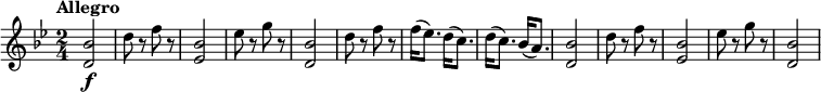 
\relative c'' {
  \version "2.18.2"
  \clef "treble" 
  \tempo "Allegro" 
  \key bes \major
  \time 2/4
    <d, bes'>2\f
    d'8 r8 f8 r8
    <ees, bes'>2
    ees'8 r8 g8 r8
    <d, bes'>2
    d'8 r8 f8 r8
    f16 (ees8.) d16 (c8.) 
    d16 (c8.) bes16 (a8.)
    <d, bes'>2
    d'8 r8 f8 r8
    <ees, bes'>2
    ees'8 r8 g8 r8
    <d, bes'>2
}
