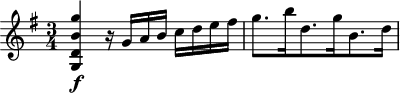 
\header {
  tagline = ##f
}

\score {
  \new Staff \with {

  }
<<
  \relative c'' {
    \key g \major
    \time 3/4
    \override TupletBracket #'bracket-visibility = ##f 
    \autoBeamOff

     %%%%%%%%%%%%%%%%%%%%%%%%%% K41
     < g' b, d, g, >4\f r16 g,16[ a b] c16[ d e fis] g8.[ b16 d,8. g16 b,8. d16]

  }
>>
  \layout {
    \context {
      \remove "Metronome_mark_engraver"
    }
  }
  \midi {}
}
