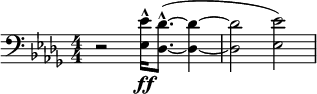 
\relative c' {
  \key des \major
  \numericTimeSignature
  \time 4/4
  \clef bass
   r2 <ees ees,>16-^\ff <des des,>8.-^( ~ <des des,>4 ~ | <des des,>2 <ees ees,>) |
  }
