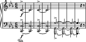 
{ \new PianoStaff << %{\set PianoStaff.midiInstrument = #"tubular bells" %} \override Score.SpacingSpanner #'common-shortest-duration = #(ly:make-moment 1/2)
  \new Staff \with{ \magnifyStaff #3/4 } \relative c' { \clef treble \once \omit Score.MetronomeMark \tempo 4. = 104 \time 6/8 \key c \minor c2.\f^>~c2. c2.^>~c2. s2. s2. s2. s4. r4 r8 } 
  \new Staff \with{ \magnifyStaff #3/4 } \relative c { \clef bass \time 6/8 \key c \minor <c c,>2.\sustainOn\f^>~<c c,>2. <c c,>2.^>~<c c,>2. <<{g'2.->~g2.~g2.~g4. }\\{<g, g,>2.->~<g g,>2.~<g g,>2.~<g g,>4.}>> r4 r8 } 
>> }
