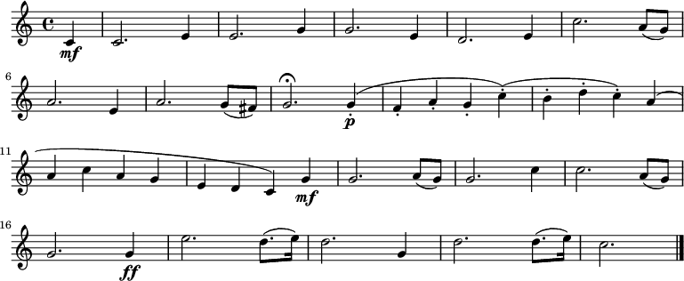 
  \relative c' {
    \key c \major \time 4/4
    \partial 4 c\mf
     c2. e4 e2. g4 g2. e4 d2. e4 c'2. a8( g) \bar "|" \break
     a2. e4 a2. g8( fis) g2.\fermata g4-.\p( f-. a-. g-. c-.)( b-. d-. c-.) a( \bar "|" \break
     a c a g e d c) g'\mf g2. a8( g) g2. c4 c2. a8( g) \bar "|" \break
     g2. g4\ff e'2. d8.( e16) d2. g,4 d'2. d8.( e16) c2. \bar "|."}
