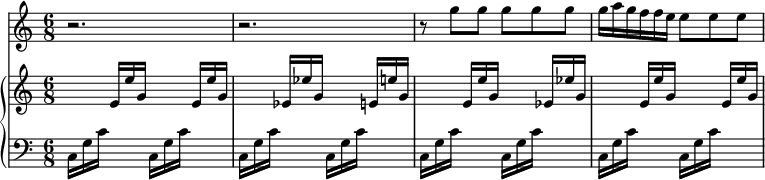 
<< 
\new Staff \with {
    midiInstrument = "Flute" 
  } {
    \time 6/8
    \relative c''' {
      r2. | r | r8 g g g g g |
      g16 a g f f e e8 e e |
    }
}
\new PianoStaff <<
  \new Staff \with {
    midiInstrument = "Orchestral Harp" 
  } {
    \time 6/8
    \relative c' {
    s16 s s e e' g, s s s e e' g, 
    s s s es es' g, s s s e e' g, 
    s s s e e' g,   s s s es es' g,
    s s s e e' g, s s s e e' g, 
    }
  }
  \new Staff \with {
    midiInstrument = "Orchestral Harp" 
  } {
  \clef bass 
    \time 6/8
    \relative {
      c16 g' c s s s  c,16 g' c s s s
      c,16 g' c s s s  c,16 g' c s s s
      c,16 g' c s s s  c,16 g' c s s s
      c,16 g' c s s s  c,16 g' c s s s
    }
  }
>>
>>
\midi {
  \context {
    \Score
    tempoWholesPerMinute = #(ly:make-moment 60 4)
  }
}
