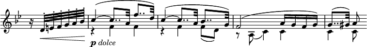 
 \relative c' {
  \new PianoStaff <<
   \new Staff \with { \remove "Time_signature_engraver" } { \key bes \major \time 3/4 \partial 4
    <<
     {
      b'16\rest d,32-. e-. f-. g-. a-. bes-. c4~( c8.. a32 f'8.. d32) c4~( c8.. a32 bes8.. g32)
      f2( a16 g f g) g8..( gis32) a8
     }
    \\
     { s4 r f f r f f8( d) r a( c4) c c c8 }
    >>
   }
   \new Dynamics {
    s16 s16\< s8 s4\! _\markup { \dynamic p \italic dolce }
   }
  >>
 }
