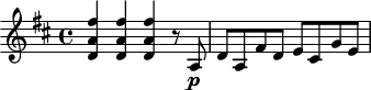 
\header {
  tagline = ##f
}

\score {
  \new Staff \with {

  }
<<
  \relative c'' {
    \key d \major
    \time 4/4
    \override TupletBracket #'bracket-visibility = ##f 
    \autoBeamOff

     %%%%%%%%%%%%%%%%%%%%%%%%%% K40
    \repeat unfold 3 { < fis a, d, >4 } r8 a,,8\p d[ a fis' d] e[ cis g' e]

  }
>>
  \layout {
    \context {
      \remove "Metronome_mark_engraver"
    }
  }
  \midi {}
}
