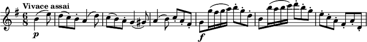 
\relative c'' {
    \version "2.18.2"
     \key g \major
     \time 6/8
     \tempo "Vivace assai"
     \tempo 4 = 140
  \partial 4. b4 \p (e8)
  d (c) b-. a4 (d8)
  c8 (b) a-. g4 (gis8)
  a4 (b8) c-. a-. fis-.
  g \f g'16 (fis g a) b8-. g-. d-. 
  b b'16 (a b c) d8-. b-. g-.
  e-. c-. a-. fis-. a-. d,-.
}
