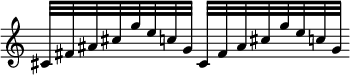 
\relative c' {
  \omit Score.TimeSignature
  \omit Score.BarLine
  cis32[ fis ais cis g' e c g] cis,[ fis ais cis g' e c g]
}
