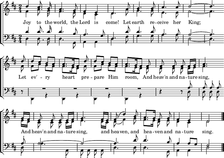 
% Source: Lowell Mason, "The Modern Psalmist" (1839), No. 144
%   https://archive.org/details/modernpsalmistco00maso/page/143/mode/1up
% Also: http://cantorion.org/music/3710/Joy-to-the-World-Voice-SATB
\header { tagline = ##f }
\layout { indent = 0
  \context { \Score \remove "Bar_number_engraver" }
  \context { \Voice \remove "Dynamic_engraver" }
}
global = { \key d \major \numericTimeSignature \time 2/4 \autoBeamOff}

soprano = \relative c'' { \global
  d4 cis8. b16 | a4. g8 | fis4 e | d4.
  a'8 | b4. b8 | cis4. cis8 | d2~ | d4. \bar "" \break
  \repeat unfold 2 { d8 | d [cis] b [a] | a8. [g16 fis8] } \bar ""
  fis8 | fis fis fis fis16 [g] | a4. \bar ""
  g16 [fis] | e8 e e e16 [fis] | g4.
  fis16 [e] | fis8\( d'4\) b8 | a8. [g16] fis8 g | fis4 e | d2 \bar "|."
}

alto = \relative c' { \global
  fis4 a8. g16 | fis4. e8 | d4 cis | d4.
  a'8 g4. g8 | e4. e8 | fis2~ | fis4.
  \repeat unfold 2 { fis8 | fis [a] g [fis] | fis8. [e16 d8] }
  d8 | d d d d16 [e] | fis4.
  e16 [d] | cis8 cis cis cis16 [d] | e4.
  d16 [cis] | d8 \(fis4\) g8 | fis8. [e16] d8 e | d4 cis | d2 \bar "|."
}

tenor = \relative c' { \global
  d4 d8. d16 | d4. b8 | a4. g8 | d4.
  d'8 | d4. d8 | a4. a8 | a2~ | a4.
  r8 | R2*4 | r4
  r8 a8-. | a-. a-. a-. a-. | a2~ | a2~ | a4.
  d8\ppp | d4. b8 | a4 a8 [g] | fis2 \bar "|."
}

bass = \relative c {
  \global
  d4 d8. d16 | d4. g,8 | a4 a | d4.
  fis8 | g4. g8 | a4. a8 | d,2~ | d4.
  r8 | d,4 r | d r | d r | d r |
  r r8 d'8-. | d-. d-. d-. d-. | a'4.
  a,8-. | a-. a-. a-. a-. | d4.
  d8 | d4. g,8 | a4 a | d2 \bar "|."
}

verse = \lyricmode {
  Joy to the world, the Lord is come!
  Let earth re -- ceive her King;
  Let ev' -- ry heart pre -- pare Him room,
  \repeat unfold 2 { And heav'n and na -- ture sing, }
  and hea -- ven, and hea -- ven and na -- ture sing.
}

\score {
  \new ChoirStaff <<
    \new Staff \with { midiInstrument = "trumpet" }
    <<
      \new Voice = "soprano" { \voiceOne \soprano }
      \new Voice = "alto" { \voiceTwo \alto }
    >>
    \new Lyrics \with { \override VerticalAxisGroup #'staff-affinity = #CENTER }
      \lyricsto "soprano" \verse
    \new Staff \with { midiInstrument = "trombone" \consists "Merge_rests_engraver" }
    <<
      \clef bass
      \new Voice = "tenor" { \voiceOne \tenor }
      \new Voice = "bass" { \voiceTwo \bass }
    >>
  >>
  \layout { }
  \midi { \tempo 4=102 }
}
