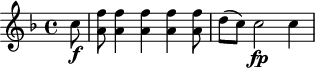 
\header {
  tagline = ##f
}

\score {
  \new Staff \with {

  }
<<
  \relative c'' {
    \key f \major
    \time 4/4
    \override TupletBracket #'bracket-visibility = ##f 
    \autoBeamOff

     %%%%%%%%%%%%%%%%%%%%%%%%%% K37
     \partial 8 c8\f < f a, >8 < f a, >4 q q < f a, >8 d8[( c)] c2\fp c4

  }
>>
  \layout {
    \context {
      \remove "Metronome_mark_engraver"
    }
  }
  \midi {}
}
