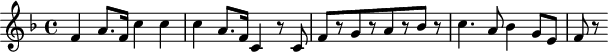 
\header {
  tagline = ##f
}

\score {
  \new Staff \with {

  }
<<
  \relative c' {
    \key f \major
    \time 4/4
    \override TupletBracket #'bracket-visibility = ##f 
    \autoBeamOff

     %%%%%%%%%%%%%%%%%%%%%%%%%% K 43
     f4 a8.[ f16] c'4 c c a8.[ f16] c4 r8 c8 f8[ r8 g r8 a8 r8 bes8] r8 c4. a8 bes4 g8[ e] f r8

  }
>>
  \layout {
    \context {
      \remove "Metronome_mark_engraver"
    }
  }
  \midi {}
}
