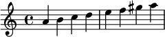  \relative c'' { \clef treble  a b c d | e f gis a } 