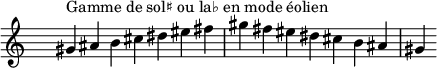 
\relative c'' { 
  \clef treble \time 7/4 \hide Staff.TimeSignature gis4^\markup { Gamme de sol♯ ou la♭ en mode éolien } ais b cis dis eis fis gis fis eis dis cis b ais gis
}
