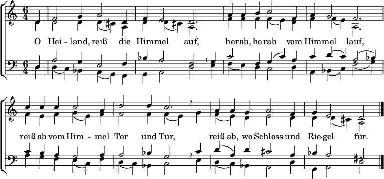 
\header { tagline = ##f }
\layout { indent = 0 \context { \Score \remove "Bar_number_engraver" } }

global = { \key d \dorian \time 6/4 \partial 4 }

soprano = \relative c' { \global
  d4 | f2 g4 a2 d,4 | f e2 d2. |
  a'4 a b c2 f,4 | a g2 f2. |
  c'4 c c c2 a4 | d2 d4 c2. |
  a4 a g a2 f4 | g e2 \set Score.tempoHideNote = ##t \tempo 4=60 d \bar "|."
}

alto = \relative c' { \global
  d4 | d2 d4 d (cis) a | d d (cis) a2. |
  f'4 f f f (e) d | f f (e) a,2. |
  f'4 e f g (e) f | f2 f4 f (e) \breathe g |
  f (e) d e2 d4 | d d (cis) a2 \bar "|."
}

tenor = \relative c' { \global
  d,4 | a'2 g4 e2 f4 | bes a2 f2 \breathe g4 |
  c2 f,4 g (c) a | c d (c) a2 (bes4) |
  c4 b a g2 a4 | a2 bes4 g2 \breathe c4 |
  d (a) d cis2 a4 | bes a2 fis \bar "|."
}

bass = \relative c { \global
  d4 | d (c) bes a (g) f | g a2 d e4 |
  f (e) d c2 d4 | a bes (c) f2 (g4) |
  a g f e (c) f | d (c) bes c2 e4 |
  d (c) bes a2 d4 | g, a2 d \bar "|."
}

verse = \lyricmode {
  O Hei -- land, reiß die Him -- mel auf,
  he -- rab, he -- rab vom Him -- mel lauf,
  reiß ab vom Him -- mel Tor und Tür,
  reiß ab, wo Schloss und Rie -- gel für.
}

\score {
  \new ChoirStaff <<
    \new Staff \with {
      midiInstrument = "oboe"
    } <<
      \new Voice = "soprano" { \voiceOne \soprano }
      \new Voice = "alto" { \voiceTwo \alto }
    >>
    \new Lyrics \with {
      \override VerticalAxisGroup #'staff-affinity = #CENTER
    } \lyricsto "soprano" \verse
    \new Staff \with {
      midiInstrument = "bassoon"
    } <<
      \clef bass
      \new Voice = "tenor" { \voiceOne \tenor }
      \new Voice = "bass" { \voiceTwo \bass }
    >>
  >>
  \layout { }
  \midi {
    \tempo 4=120
  }
}
