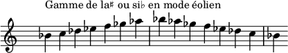 
\relative c'' { 
  \clef treble \time 7/4 \hide Staff.TimeSignature bes4^\markup { Gamme de la♯ ou si♭ en mode éolien } c des ees f ges aes bes aes ges f ees des c bes
}
